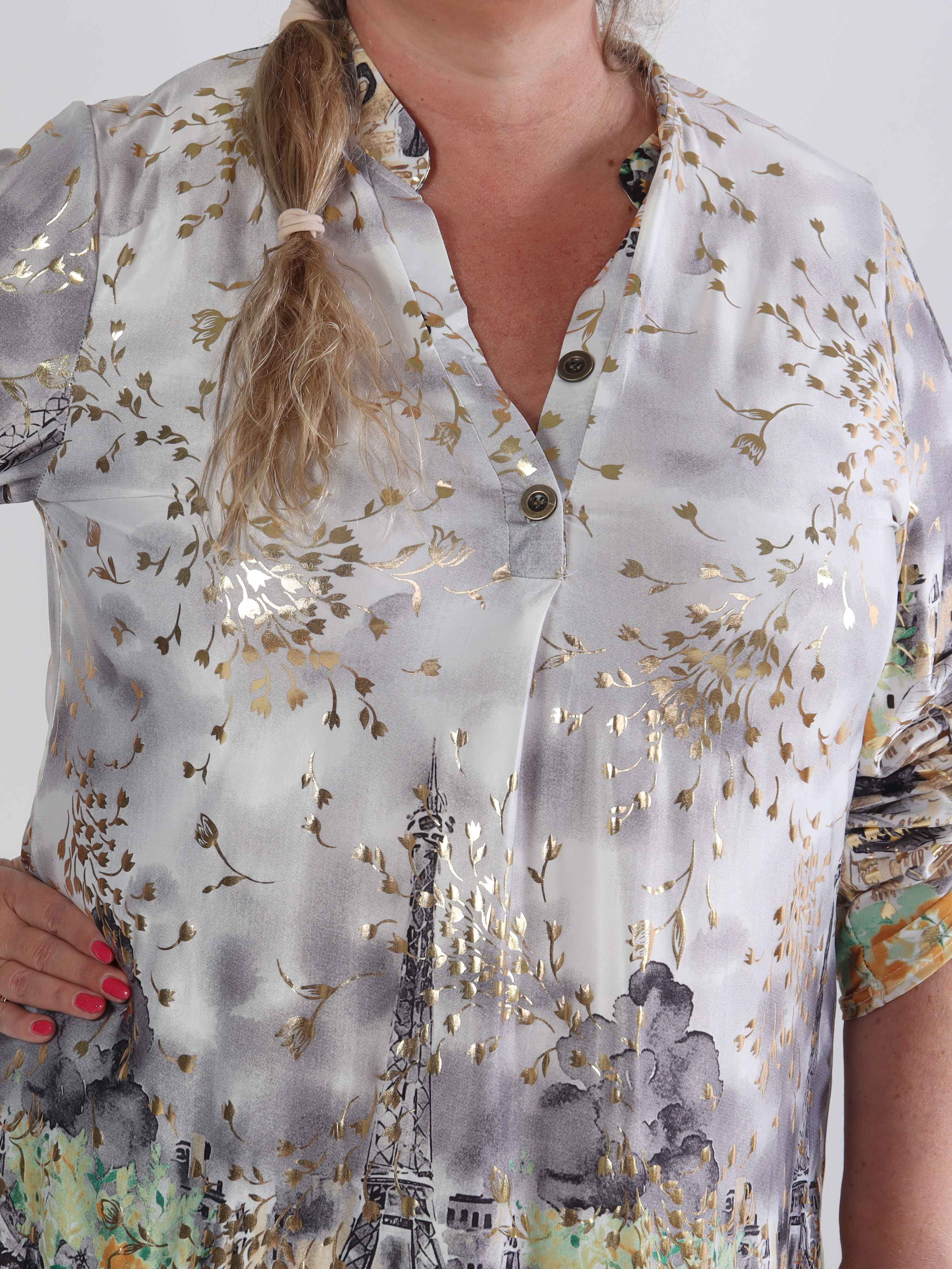 Ebba Paris Long - Elastisk mønstret plus size kjole med guld detaljer